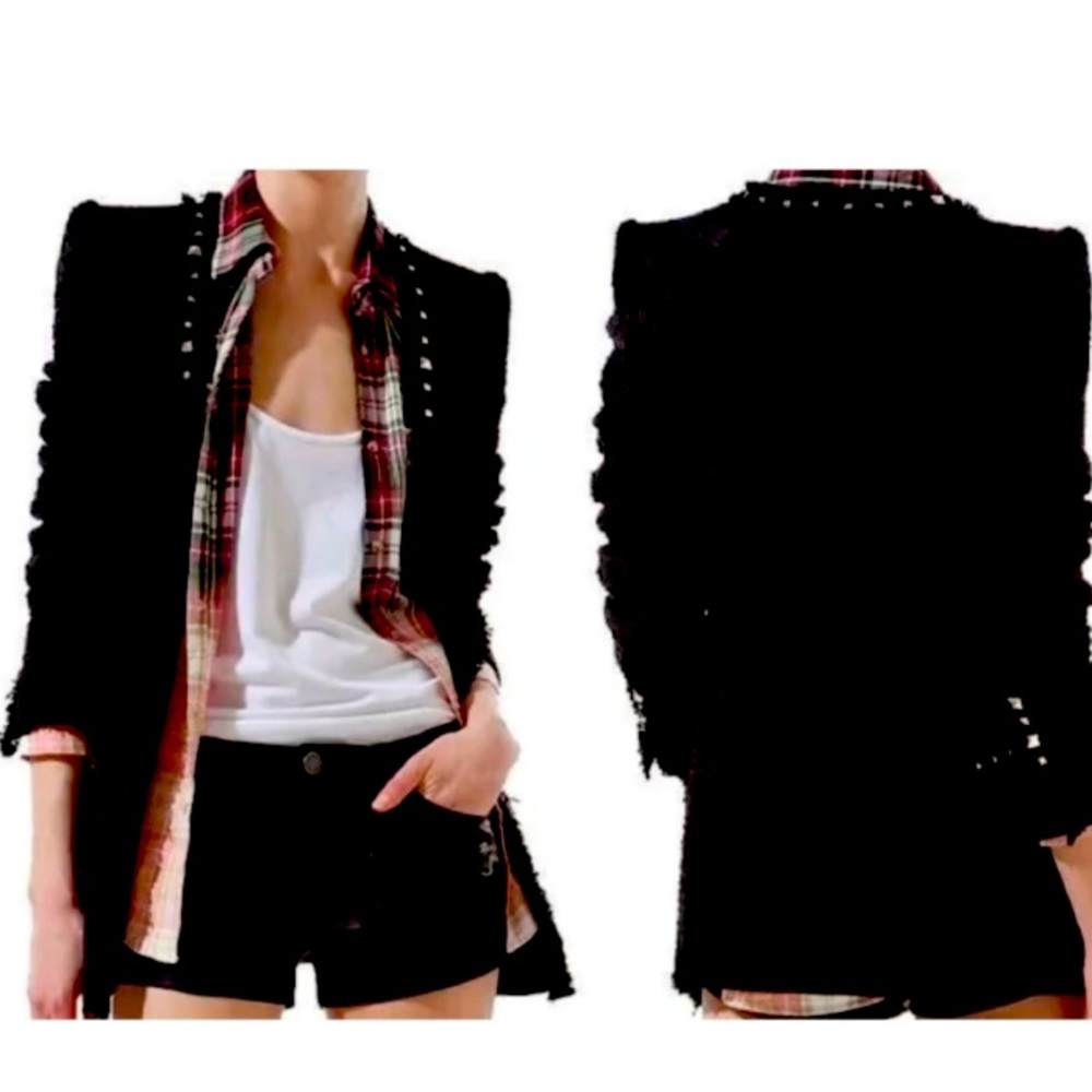 Zara black boucle tweed fantasy with studs and frey bottom jacket. XS